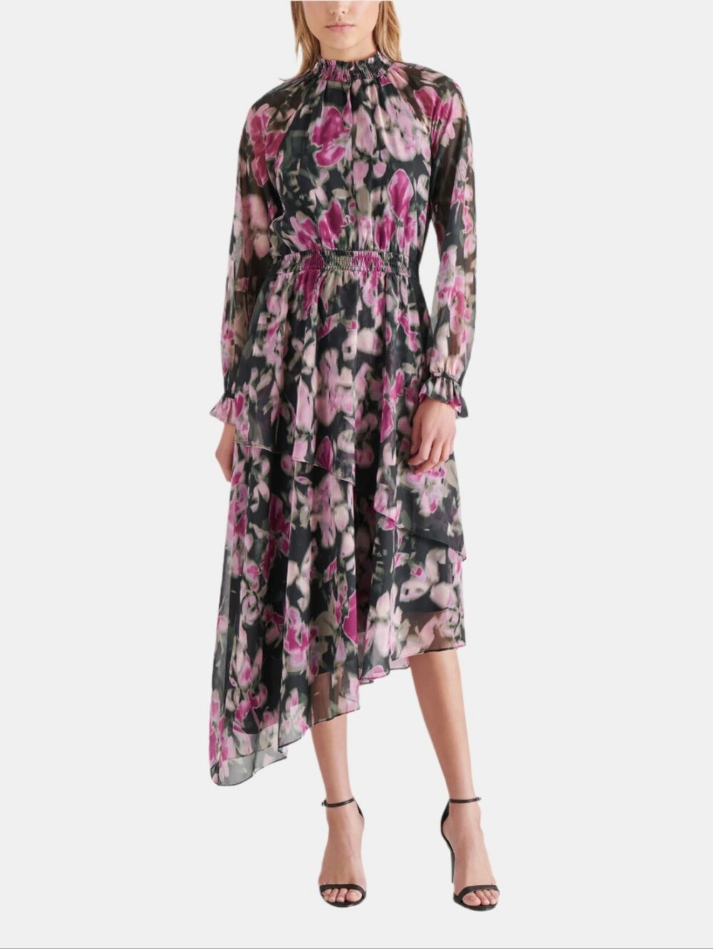 Steve Madden Floral Starla Black Multi Long Sleeve Asymmetrical Dress